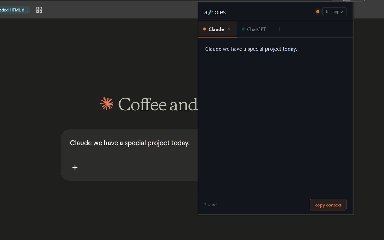 ai/notes automatically filling saved notes into a Claude chat